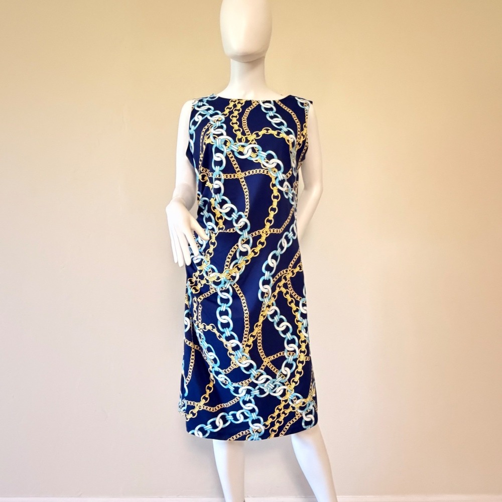 NWT J.McLaughlin Sage Dress Blue Chain Link Print Sleeveless Sheath Size L
